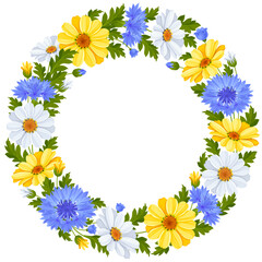 Obraz premium Circle frame with pattern of blue cornflowers, yellow and white daisy flowers, leaves and buds isolated on a white background. Cute floral botanical round decoration, wreath. Vector illustration