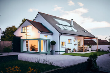 Single family house with attached winter garden and solar panels on the roof, made with generative ai