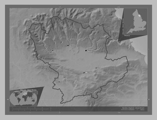 Ryedale, England - Great Britain. Grayscale. Labelled points of cities