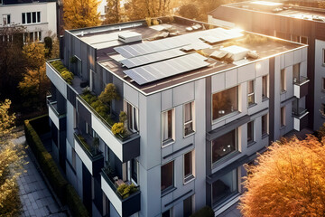 Photo of an apartment building with a flat roof on which a solar system is installed, made with generative ai