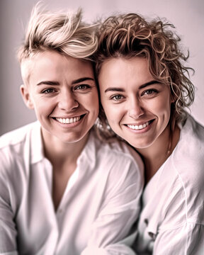 Lesbian young couple with white shirt smiling cheek to cheek contentedly into camera, made with generative ai