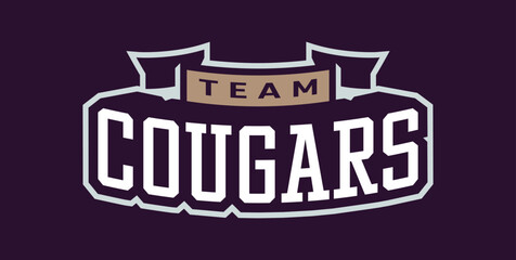 Bold sports font for cougar mascot logo. Text style lettering for esport, cougar mascot logo, sport team, college club. Font on ribbon. Vector illustration isolated on background.