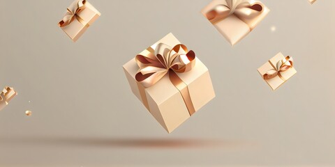 Fototapeta na wymiar 3D gift box, gold ribbon bow on beige pastel background. Present mockup for cosmetic product . Realistic gift with confetti . Copy space banner. Ai generative