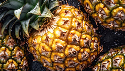 Close up of clean Pineapples with water drop in dark black background. Fresh fruit and Vegetable concept. Nutrition and vitamin theme. Generative AI