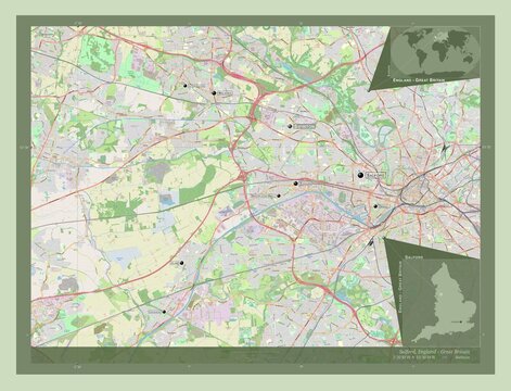 Salford, England - Great Britain. OSM. Labelled points of cities