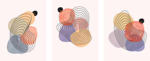 Abstract Collage style water color background poster with black contour line art contemporary chic artwork set of three for business cover design or wall art for home or office