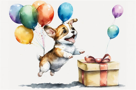 Birthday card with puppy dog with balloon  in watercolor style. AI generated.
