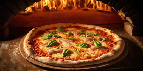 Foto op Plexiglas Margarita pizza straight from a wood fired oven. Close up, baked in a wood fired pizza oven. Italian cuisine. Generative AI © Vusal