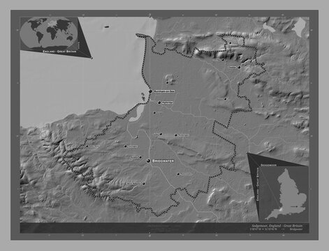 Sedgemoor, England - Great Britain. Bilevel. Labelled points of cities