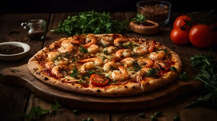 Obraz na płótnie Canvas Pizza with shrimps and sea food on a wooden table, closeup photography wallpaper, horizontal format 16:9. Generative AI