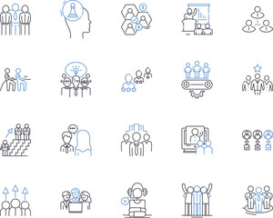 Team building outline icons collection. Teamwork, Collaboration, Communication, Bonding, Trust, Confidence, Creativity vector and illustration concept set. Goal-setting, Problem-solving, Networking