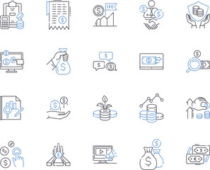 Investment business outline icons collection. Finance, Investment, Trading, Capital, Portfolio, Returns, Brokerage vector and illustration concept set. transactions, Funds, Derivatives linear signs
