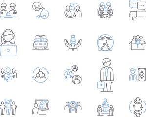 Virtual meeting outline icons collection. Online, Conferencing, Videoconferencing, Webinar, Teleconferencing, Zoom, Hangout vector and illustration concept set. Collaboration, Gatherings, Webcasting