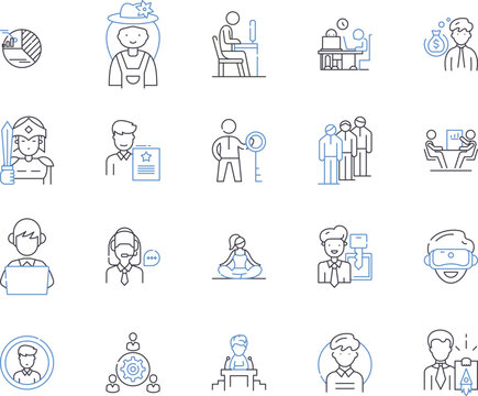 Office occupation outline icons collection. Clerk, Receptionist, Manager, Typist, Administrator, Accountant, Analyst vector and illustration concept set. Supervisor, Consultant, Secretary linear signs