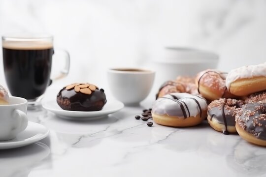  a table topped with lots of donuts and cups filled with liquid and coffee cups filled with liquid and coffee cups filled with coffee beans.  generative ai