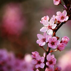 Beautiful spring flowering tree - Japanese Sakura Cherry. Natural colorful background in spring time.