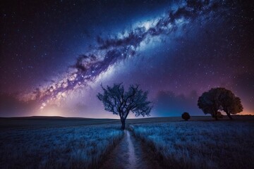 Naklejka na ściany i meble Landscape with blue Milky Way. Night sky with stars. Beautiful milky way taken in Ukraine during a clear night. Generative AI