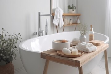 Naklejka na ściany i meble a white bath tub with a wooden tray with soaps and a bottle of lotion next to it and a potted plant on the side. generative ai