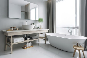 Fototapeta na wymiar a white bath tub sitting next to a white counter top under a bathroom mirror next to a wooden shelf with a white sink and mirror. generative ai