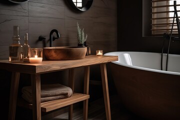  a bathroom with a sink, bathtub, and candles on the counter and a mirror above the sink and a wooden table with a candle on it.  generative ai
