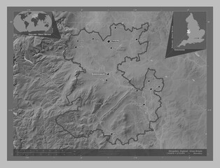 Shropshire, England - Great Britain. Grayscale. Labelled points of cities