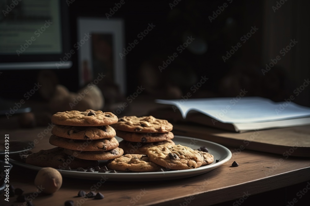 Wall mural  a plate of chocolate chip cookies on a desk with a book and a computer monitor in the backgrouf of the room behind it.  generative ai