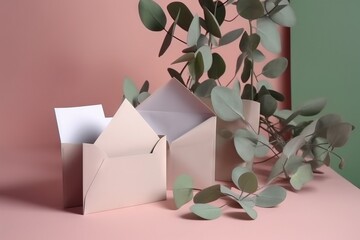  a plant is growing out of a box next to a box with a card in it on a pink surface with a green wall in the background.  generative ai