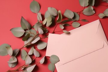  a piece of paper with leaves on a pink background with a pink envelope and a pink background with a pink envelope and a pink background with a.  generative ai