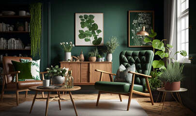 A modern mid-century living room in green color with a wooden armchair. AI