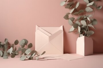  a pink wall with a white envelope and a plant in a vase on the left and a white envelope on the right with a pink background.  generative ai