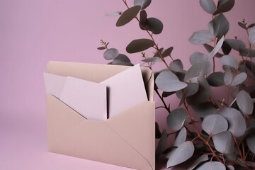  an open envelope with a plant in front of it on a pink background with a pink wall and a pink background with a pink wall.  generative ai