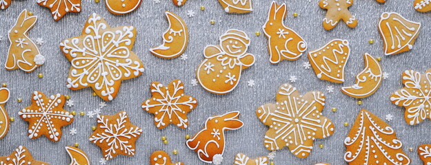 Christmas gingerbread set frame. Top View. Christmas and a Happy New Year Concept