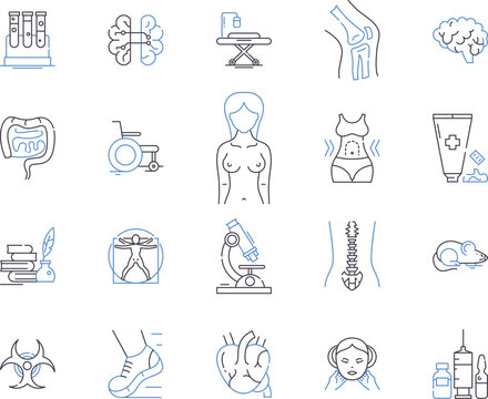 Hospital treatment outline icons collection. Medical, Care, Treatment, Surgery, Hospitalization, Diagnosis, Pain vector and illustration concept set. Relief, Intervention, Procedure linear signs