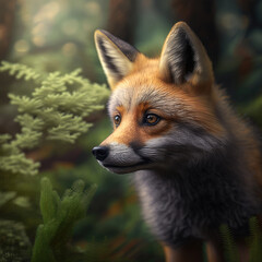 Fototapeta premium Close-up of red fox, blurry forest background, Generative AI
