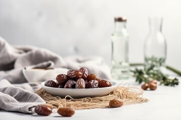  a bowl of dates sits on a table with a bottle of olive oil and a cloth on the tablecloth next to the bowl is a glass bottle of olives.  generative ai
