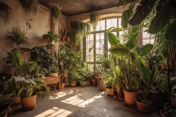 Fototapeta na wymiar a room filled with lots of green plants and potted plants in front of a window with sunlight streaming through the window panes on the floor. generative ai