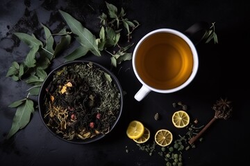 Obraz na płótnie Canvas a cup of tea next to a bowl of tea and lemons on a black surface with leaves and herbs around it, with a spoon and a cup of tea on the side. generative ai