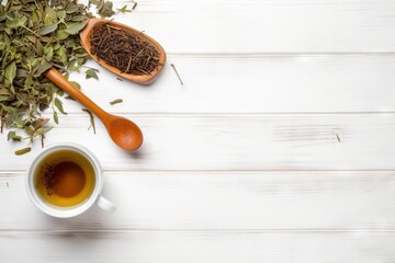  a cup of tea next to a wooden spoon and a wooden spoon on a white wooden table with a bunch of green leaves and a wooden spoon.  generative ai