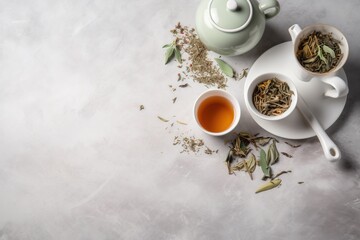 Obraz na płótnie Canvas a cup of tea next to a tea pot and a cup of tea on a plate with a spoon and a cup of tea on a plate. generative ai
