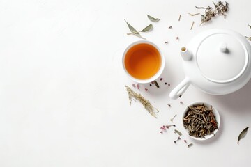  a tea pot and a cup of tea on a white surface with dried herbs and leaves around it, with a spoon and a cup of tea on the side.  generative ai