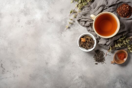  a cup of tea next to a tea bag and a cup of tea on a gray background with leaves and spices on the side of the cup.  generative ai