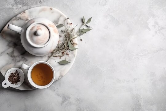  two cups of tea on a marble plate with a tea pot and a cup of tea next to it on a marble surface with leaves.  generative ai
