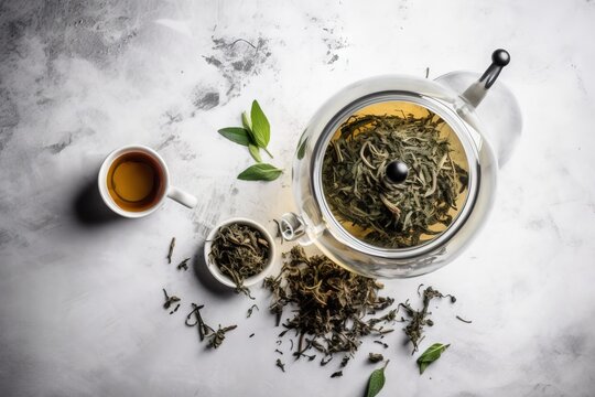 a tea pot filled with green tea next to a cup of tea and a spoon on a white tablecloth with a green leaf on it.  generative ai