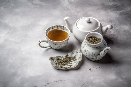  a tea pot and a cup of tea on a gray background with a broken teapot and a broken teacup on the left side.  generative ai
