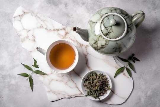  a marble tray with a tea pot and a cup of tea and a tea bag on top of a marble tray with green leaves on it.  generative ai