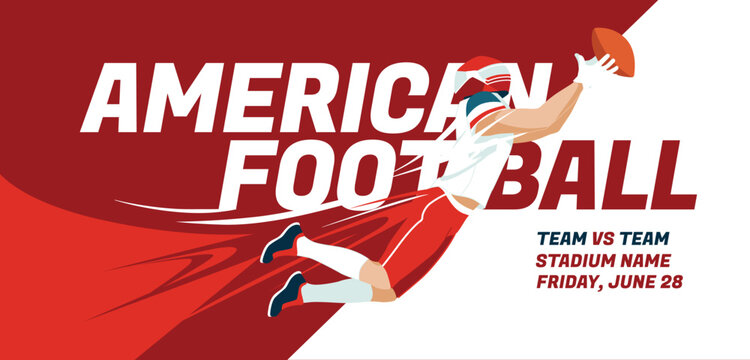red poster of an American football player. Printed advertising of sports games. Abstract design concept. Vector flat illustration