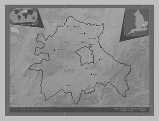 South Cambridgeshire, England - Great Britain. Grayscale. Labelled points of cities