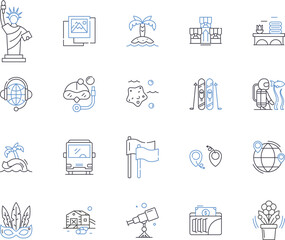 Fototapeta na wymiar Travel company outline icons collection. Travel, Company, Tour, Vacation, Agency, Journey, Adventure vector and illustration concept set. Reservation, Flight, Cruise linear signs