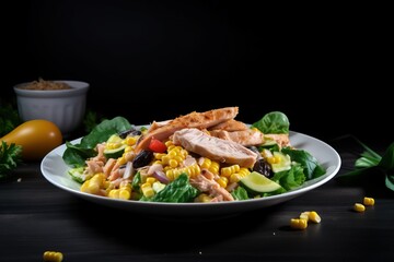  a salad with chicken, corn, tomatoes, and lettuce on a black table with a white bowl of dressing in the background.  generative ai