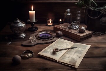 Naklejka na ściany i meble a table topped with a book and a magnifying glass next to a candle and some other items on top of a wooden table. generative ai